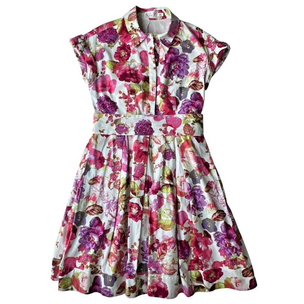 Eliza J Floral Dress Midi Women 4 Pink Purple Fit Flare Belt Pocket Lined Cotton - Picture 1 of 11